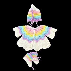 Handmade Pastel Rainbow Baby Cardigan Shawl Jacket w/ Hat & Booties Socks
